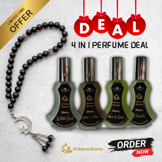4 in 1 Premium Perfume Deal – White Oud, Ghulaf-e-Kaba, Meer-ul-Oud & Haider (35ml Each)