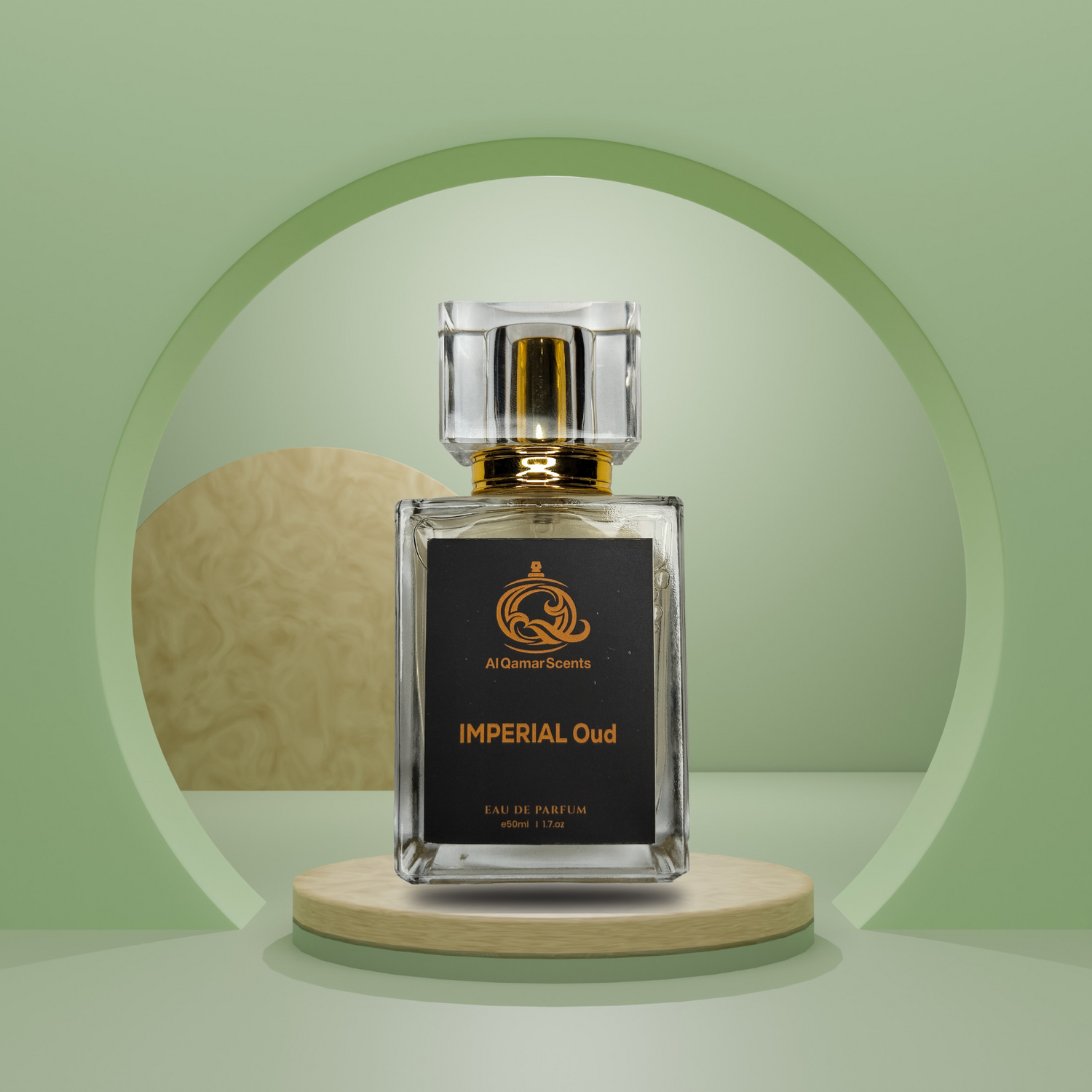 Perfume bottle labeled 'Imperial Oud' on a wooden stand with a green circular background